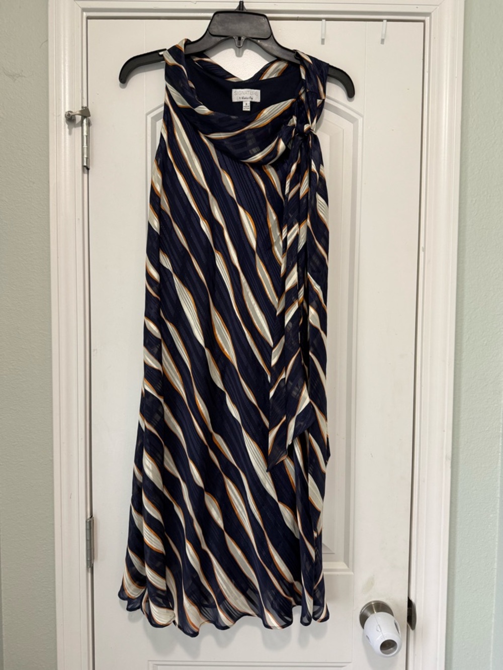 Robbie Bee Navy, Cream & Orange with Metallic Accent Diagonal-Striped Dress
